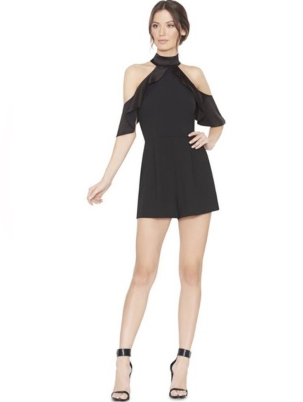 Alice + Olivia Roseline Romper Solid Black Cold Shoulder Ruffle Shorts Jumpsuit